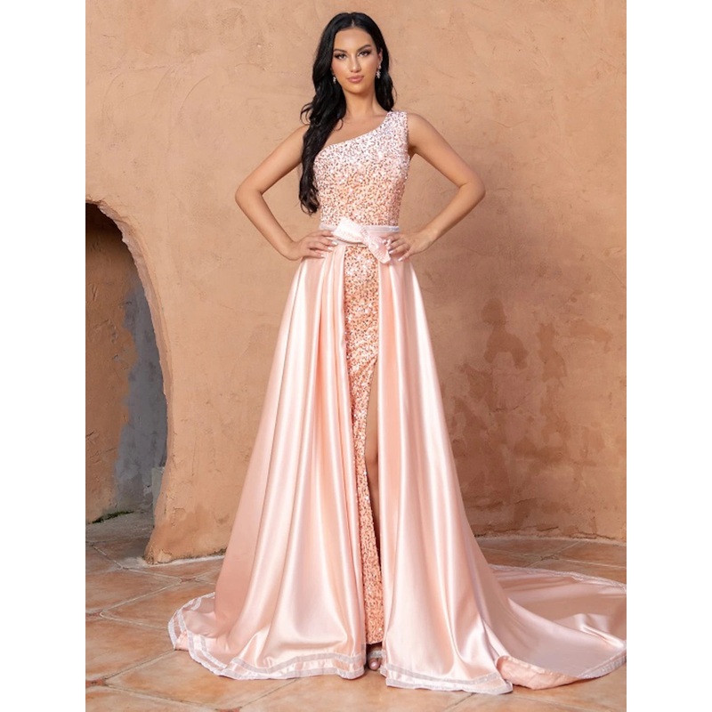 Aimishang   A-Line Mermaid / Trumpet Cocktail Dresses Sexy Dress Wedding Party Court Train Sleeveless One Shoulder Sequined with Sequin Overskirt