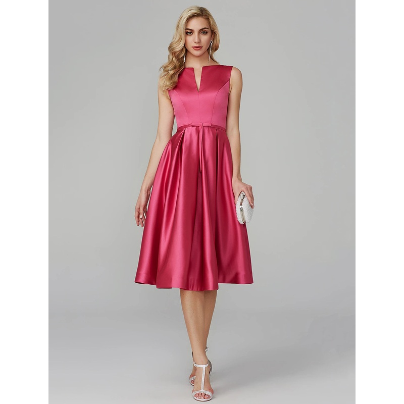 Aimishang   A-Line Party Dress Wedding Guest Knee Length Sleeveless V Wire Satin with Sash / Ribbon