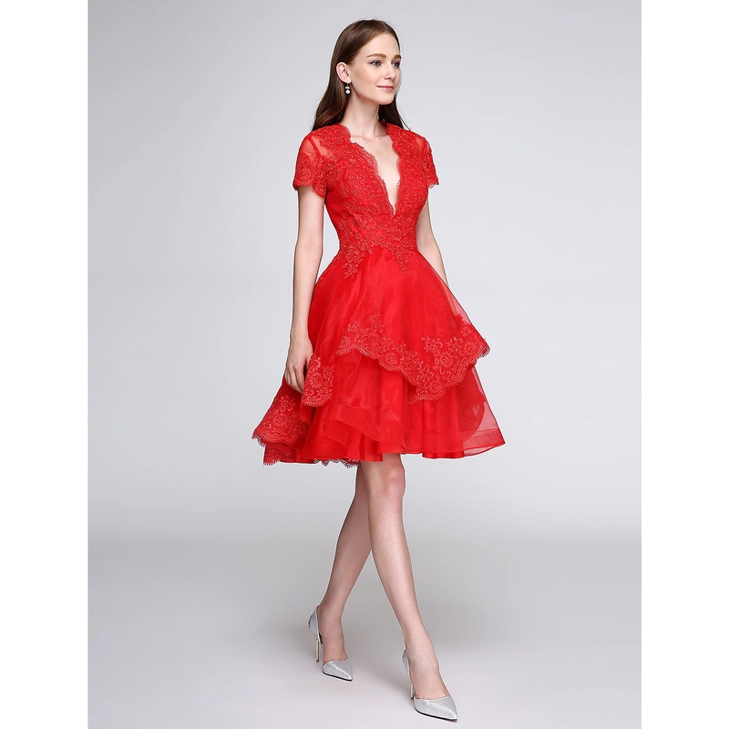 Aimishang   Ball Gown Cute Dress Cocktail Party Knee Length Short Sleeve Plunging Neck Organza with Buttons Appliques