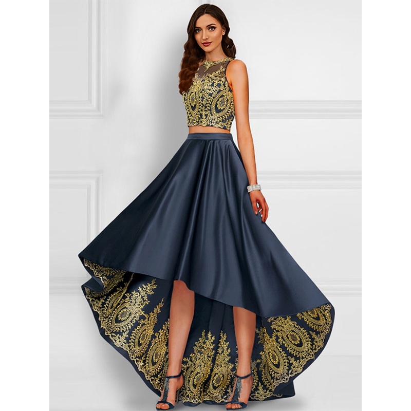 Aimishang Two Piece Cocktail Dresses Sparkle & Shine Dress Prom Asymmetrical Sleeveless Jewel Neck Charmeuse with Appliques