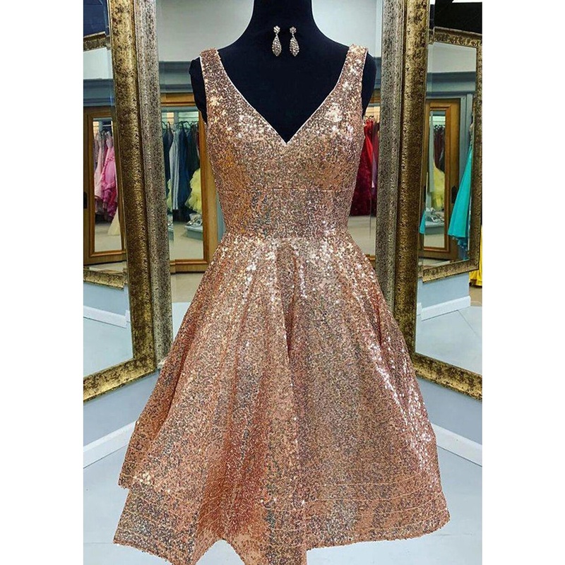 Aimishang A-Line Homecoming Dresses Sparkle & Shine Dress Graduation Tea Length Sleeveless V Neck Pink Dress Sequined with Sequin