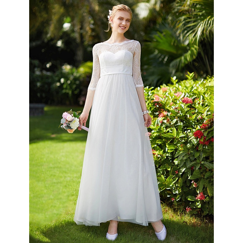 Aimishang  Beach Wedding Dresses A-Line Bateau Neck 3/4 Length Sleeve Ankle Length Tulle Over Lace Bridal Gowns With Sashes / Ribbons Bow(s)