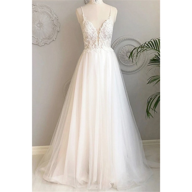 Aimishang  Beach Wedding Dresses A-Line Sweetheart Camisole Spaghetti Strap Court Train Lace Bridal Gowns With Buttons Appliques