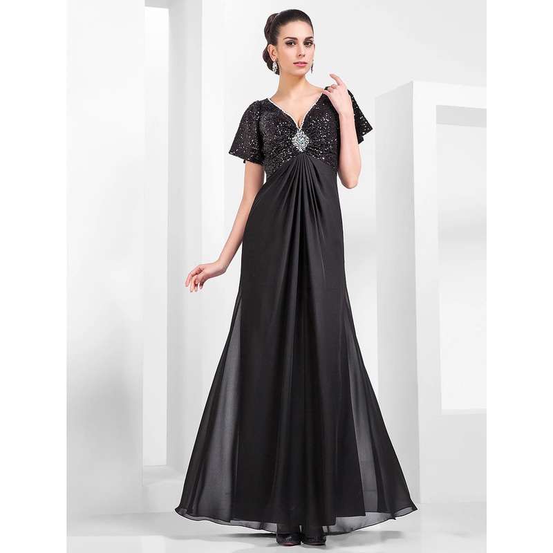 Aimishang Sheath / Column Vintage Inspired Beaded & Sequin Formal Evening Military Ball Dress V Neck Short Sleeve Floor Length Chiffon Sequined with Beading Draping
