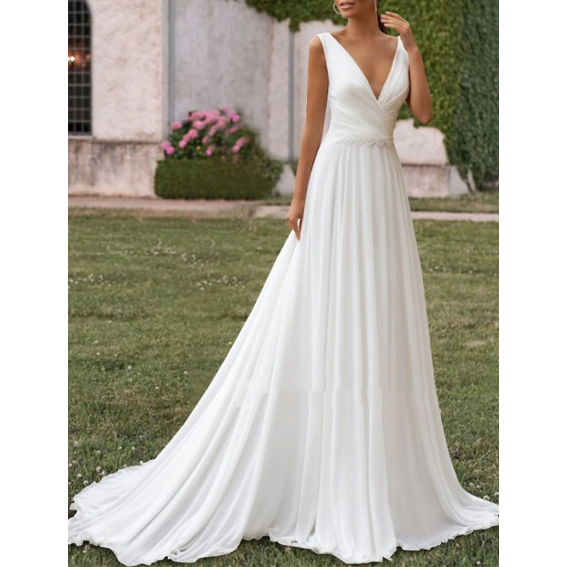 Wholesale Hall Casual Wedding Dresses A-Line V Neck Sleeveless Sweep / Brush Train Chiffon Bridal Gowns With Pleats Pearls