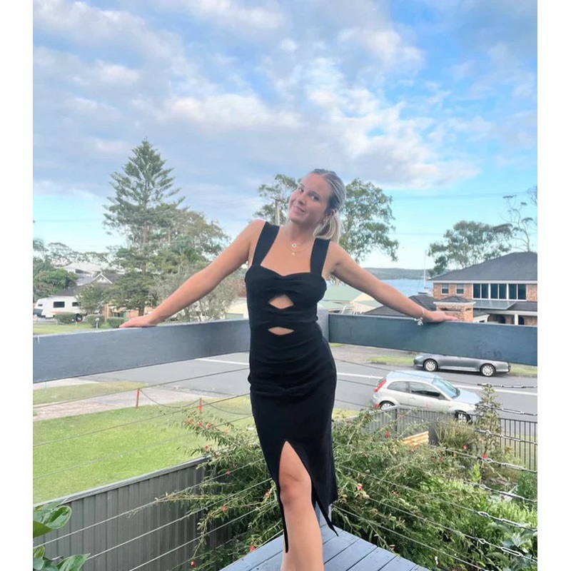 Classy Black Straps Cut Out Evening Party Dress Cocktail Dress Formal Dress With Slit Wholesale