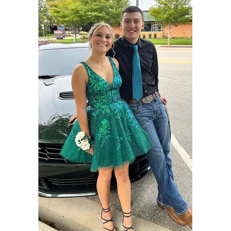 Green V Neck A-Line Cute Short Party Dress Homecoming Dress Charming Wholesale