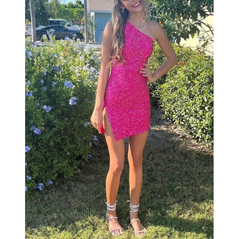 One Shoulder Sequins Simple Homecoming Dress Sparkly Party Dress Wholesale