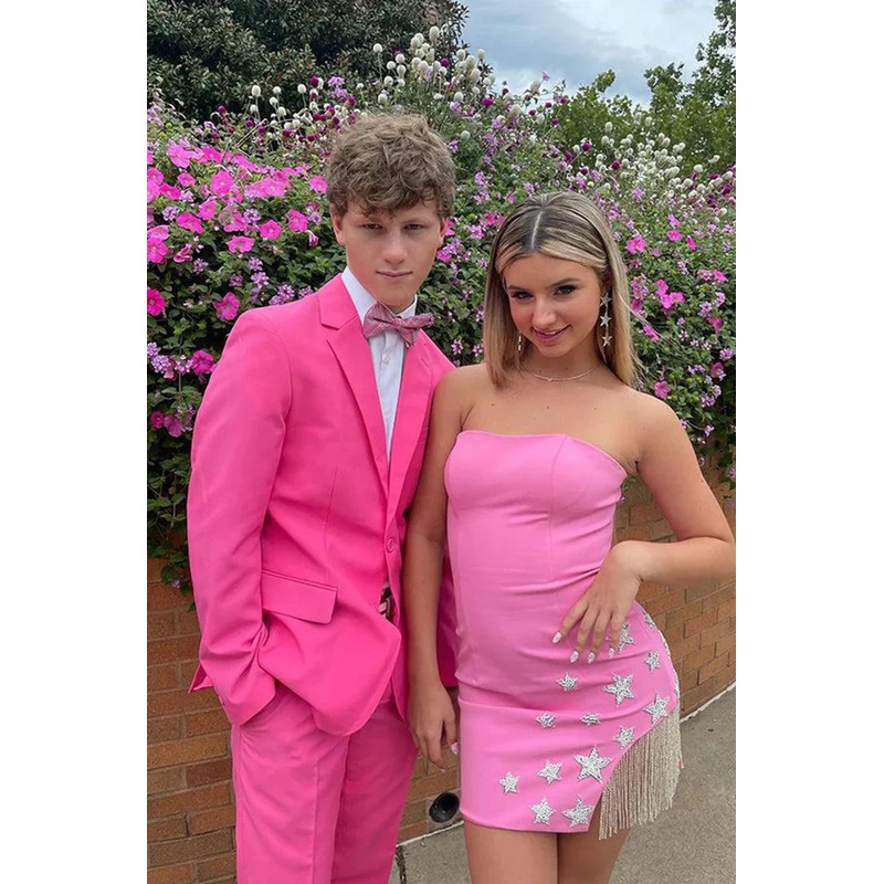 Pink Strapless Tassel Bodycon Cute Homecoming Dress Off Shoulder Party Dress Wholesale