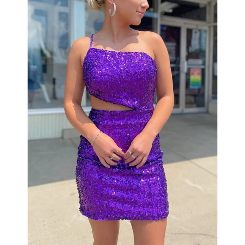 Purple Cut Out Sequins Simple Homecoming Dress Sparkly Party Dress Wholesale