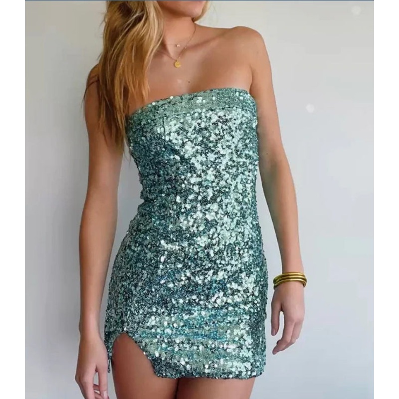 Shiny Sequins Strapless Simple Cute Homecoming Dress Off Shoulder Party Dress Wholesale