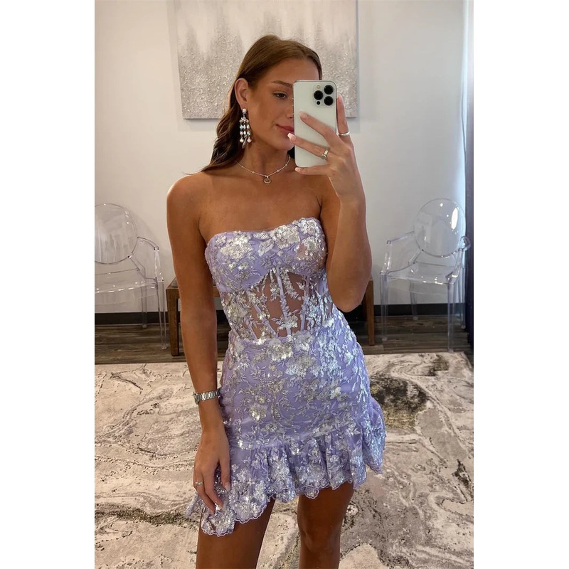 Strapless Lavender Sequin Homecoming Dress with Ruffles Off Shoulder Party Dress Wholesale