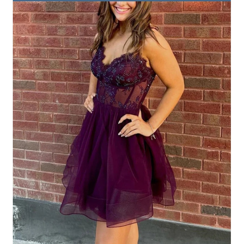 Straps Purple A-line Short Tulle Homecoming Dress Sexy Party Dress Wholesale