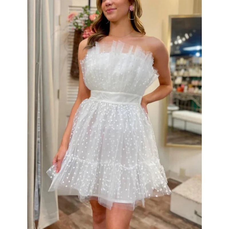 White Polka Dot Strapless Ruffle Short Prom Dress Tulle Homecoming Dress Off Shoulder Party Dress Wholesale
