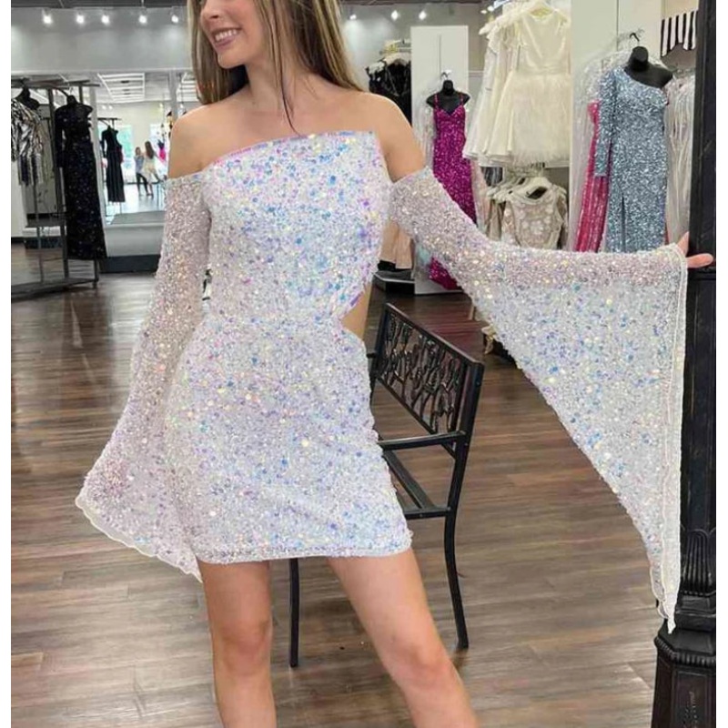 White Sequins Cut Waist Shiny Homecoming Dress Off Shoulder Party Dress Wholesale