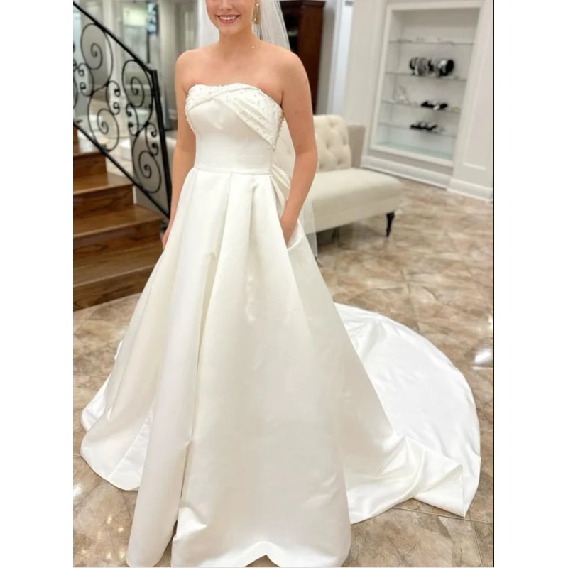 White Strapless Bow-Back Pearls A-Line Wedding Dress Off Shoulder Charming No With Wedding Veil And Gloves