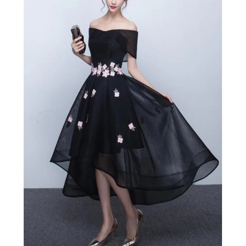 Black Off Shoulder High Low Party Dresses with Flower Lace Short Homecoming Dress Cocktail Dress Wholesale