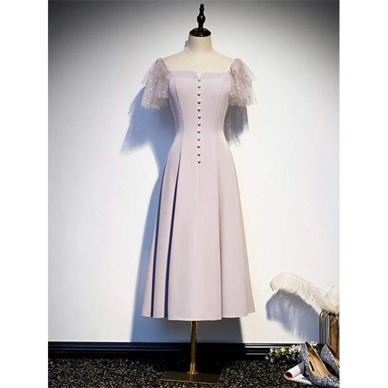 Cute Tea Length Off Shoulder Wedding Party Dress Short Sleeves Formal Dress Elegant Cocktail Dress Wholesale