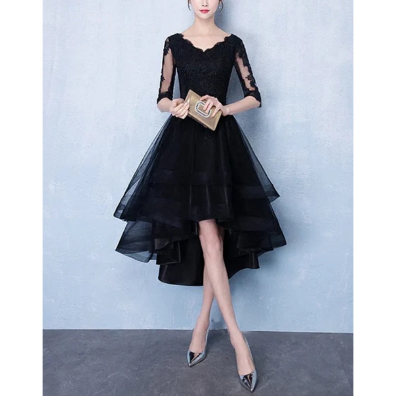 High Low Black V-neckline Short Sleeves Homecoming Dress Prom Dress Cocktail Dress Wholesale