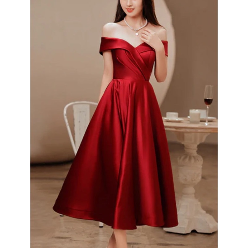 Wine Red Satin Tea Length Bridesmaid Dress Party Dress Burgundy Satin Homecoming Dress Off Shoulder Cocktail Dress Wholesale