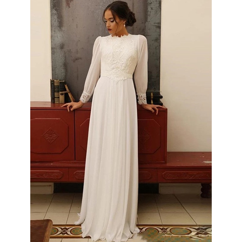 Aimishang  A-Line/Princess Chiffon Lace Jewel Long Sleeves Floor-Length Wedding Dresses