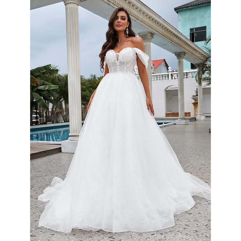 Aimishang  A-Line/Princess Lace Applique Off-the-Shoulder Sleeveless Sweep/Brush Train Wedding Dresses