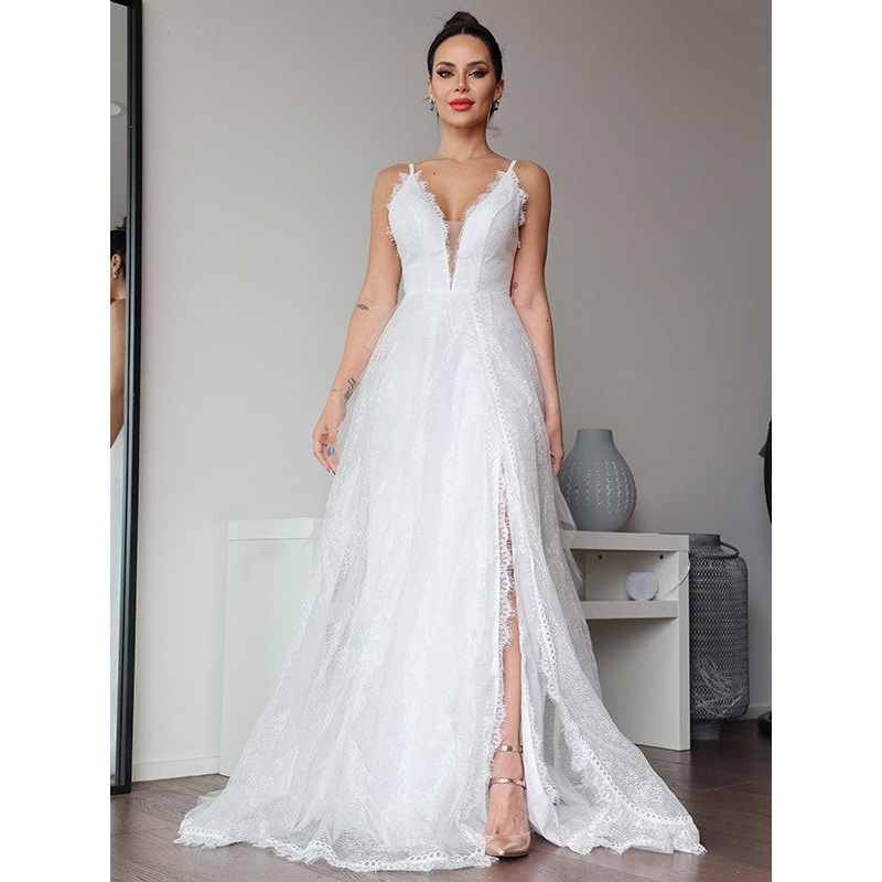 Aimishang  A-Line/Princess Lace Ruffles V-neck Sleeveless Sweep/Brush Train Wedding Dresses