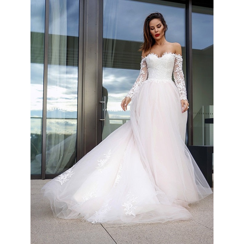 Aimishang  A-Line/Princess Long Sleeves Tulle Applique Off-the-Shoulder Court Train Wedding Dresses