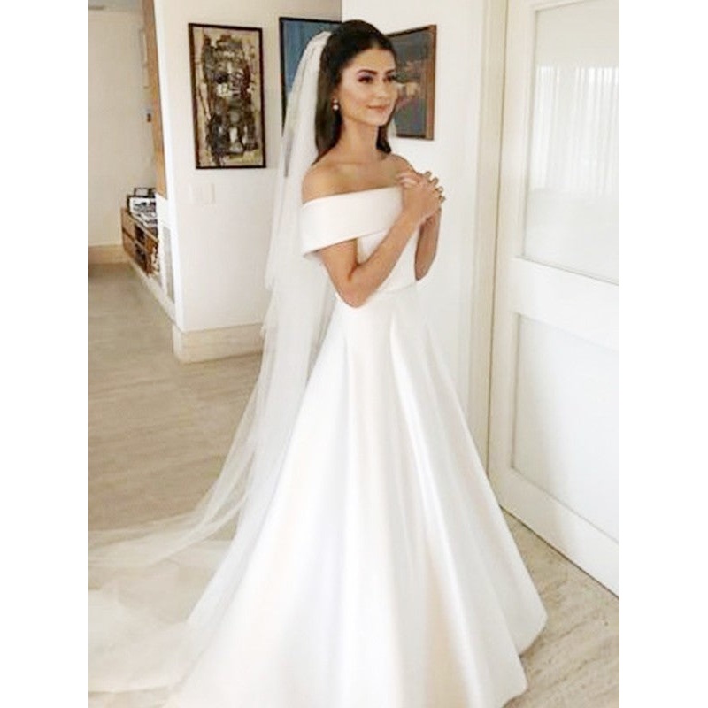 Aimishang  A-Line/Princess Off-the-Shoulder Sleeveless Sweep/Brush Train Ruffles Satin Wedding Dresses