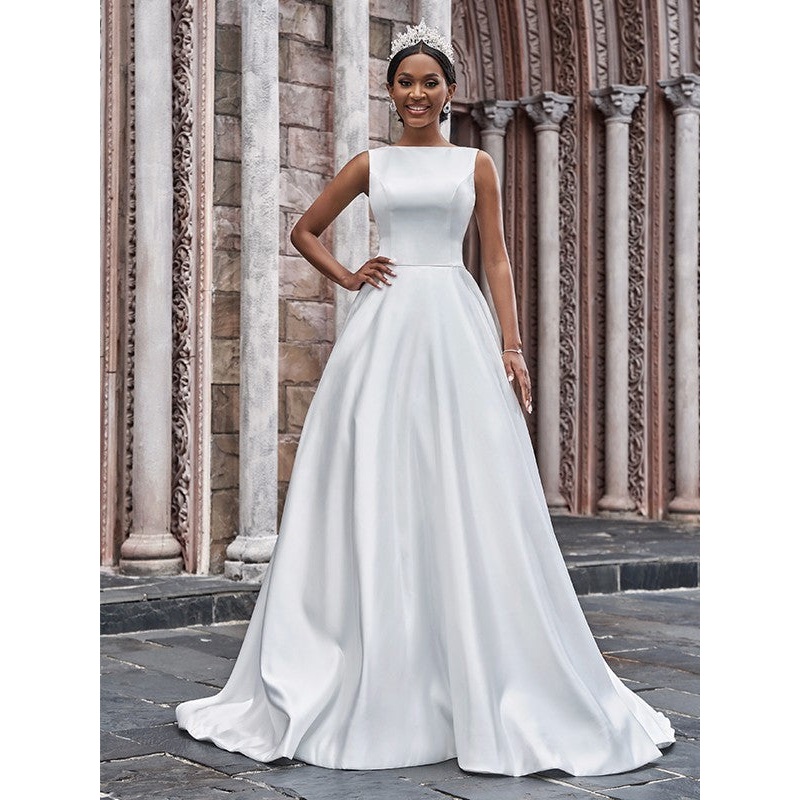 Aimishang  A-Line/Princess Satin Bateau Ruffles Sleeveless Sweep/Brush Train Wedding Dresses