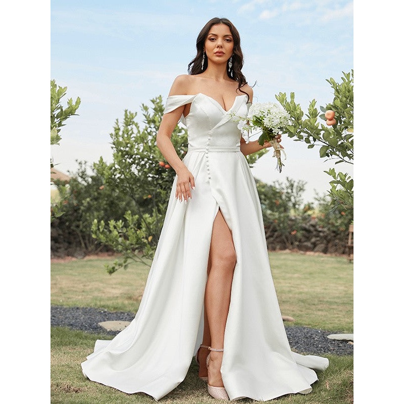 Aimishang  A-Line/Princess Satin Ruched Off-the-Shoulder Sleeveless Sweep/Brush Train Wedding Dresses