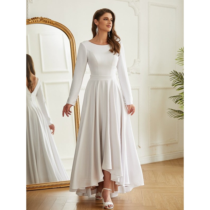 Aimishang  A-Line/Princess Stretch Crepe Ruffles Scoop Long Sleeves Asymmetrical Wedding Dresses