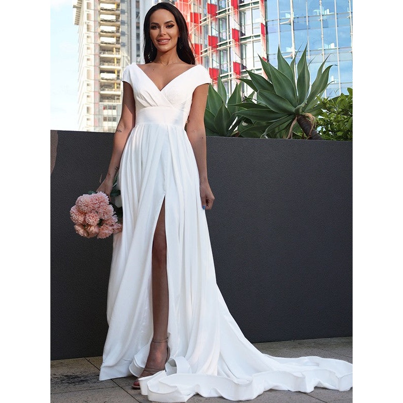 Aimishang  A-Line/Princess Stretch Crepe Ruffles V-neck Short Sleeves Sweep/Brush Train Wedding Dresses