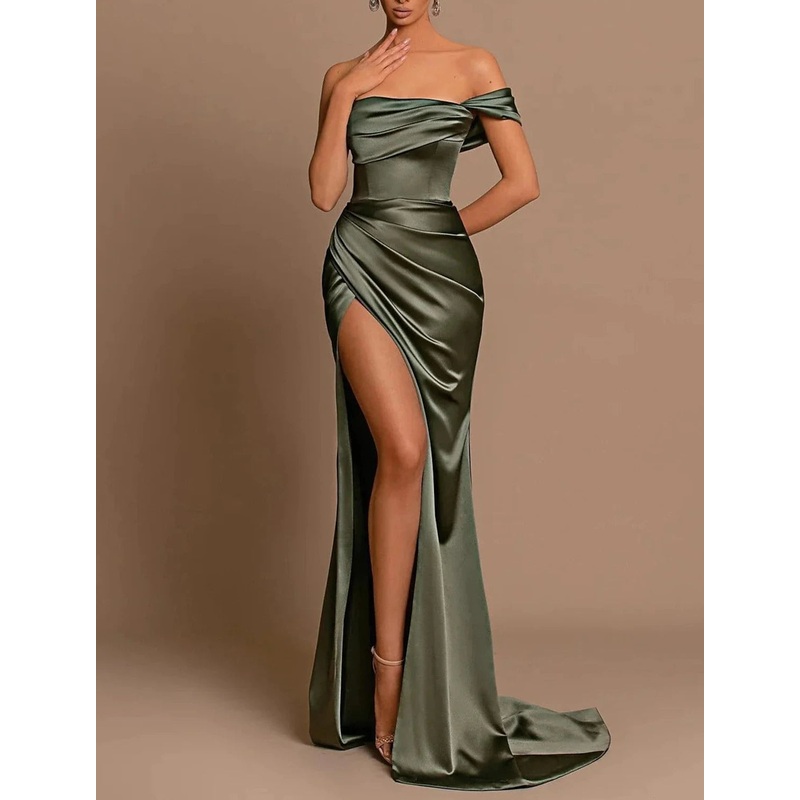 Aimishang Mermaid / Trumpet Evening Gown Sexy Dress Wedding Guest Holiday Court Train Sleeveless Off Shoulder Bridesmaid Dress Satin with Ruched Slit
