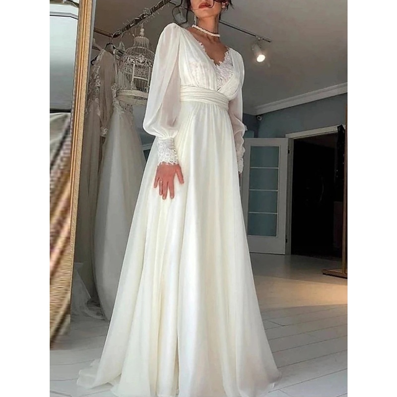 Little White Dresses Wedding Dresses A-Line V Neck Long Sleeve Sweep / Brush Train Chiffon Bridal Gowns With Pleats Solid Color