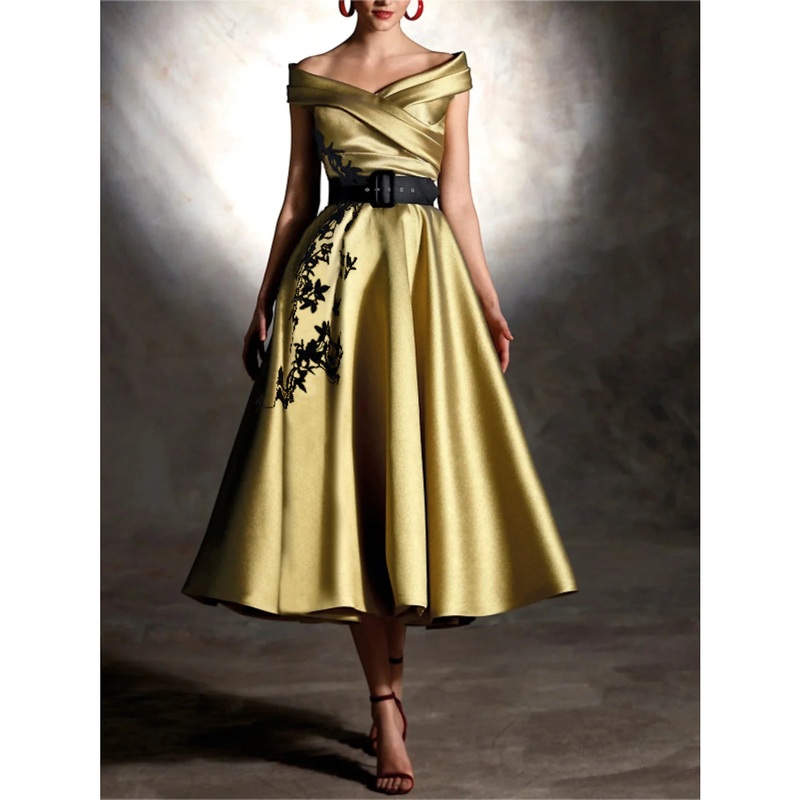 Wholesa A-Line Cocktail Dresses Elegant Dress Formal Wedding Guest Tea Length Sleeveless Off Shoulder Satin with Pleats Appliques
