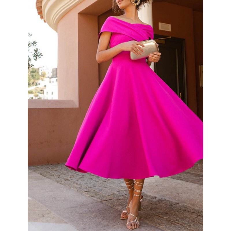Wholesa A-Line Cocktail Dresses Elegant Dress Tea Length Sleeveless Off Shoulder Fall Wedding Guest Stretch Fabric with Ruched