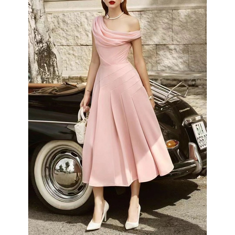 Wholesa A-Line Cocktail Dresses Elegant Dress Wedding Guest Tea Length Sleeveless Cowl Neck Stretch Chiffon with Ruched