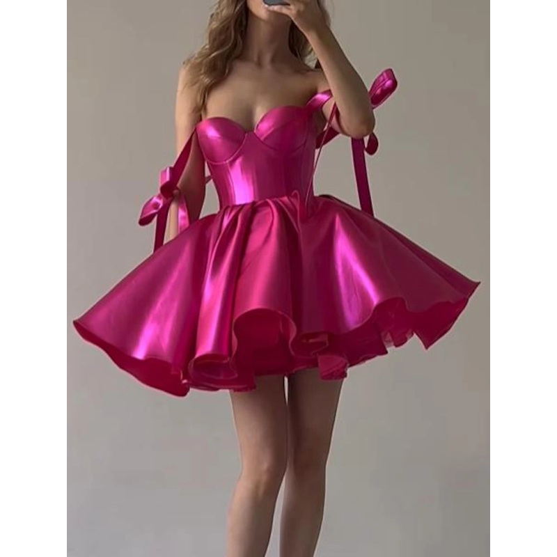 Wholesale A-Line Homecoming Dresses Corsets Dress Holiday Graduation Short / Mini Sleeveless Spaghetti Strap Pink Dress Satin with Bow(s)
