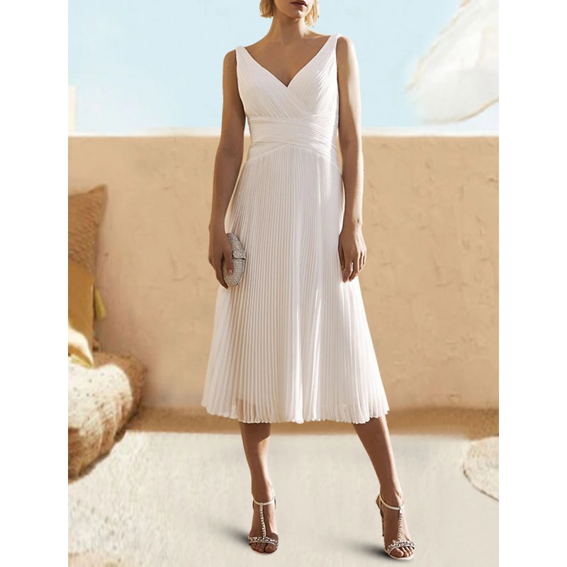 Wholesa A-Line Cocktail Dresses Elegant Dress Formal Wedding Guest Tea Length Sleeveless V Neck Chiffon with Ruched Pure Color