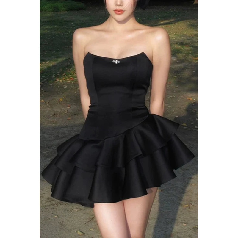 Wholesale Chic Strapless Black Satin Short Prom Dress Layered Homecoming Dress Party Dress