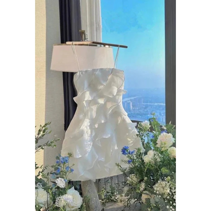 Wholesale Short Spaghetti Straps White Chiffon Party Dress Homecoming Dress With Ruffles