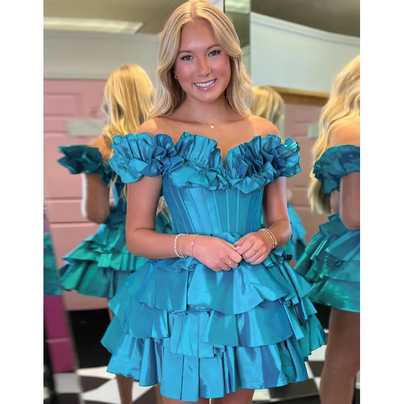 Aimishang A-Line Homecoming Dress Ruffled Off-the-Shoulder Tiered Graduation Dress