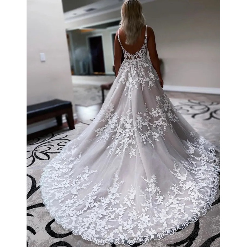 Aimishang Wedding Dress A-Line Train Deep V-Neck With Appliques