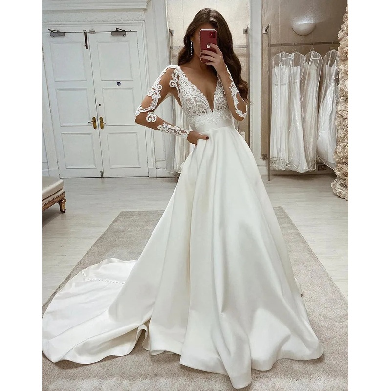 Aimishang Wedding Dress A-Line V Neck Lace Chiffon