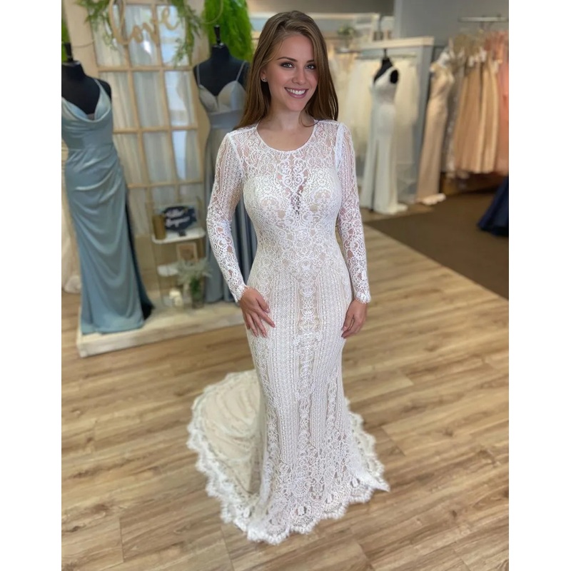 Aimishang Wedding Dress Boho Mermaid Round Neck Long Sleeves Open Back Lace