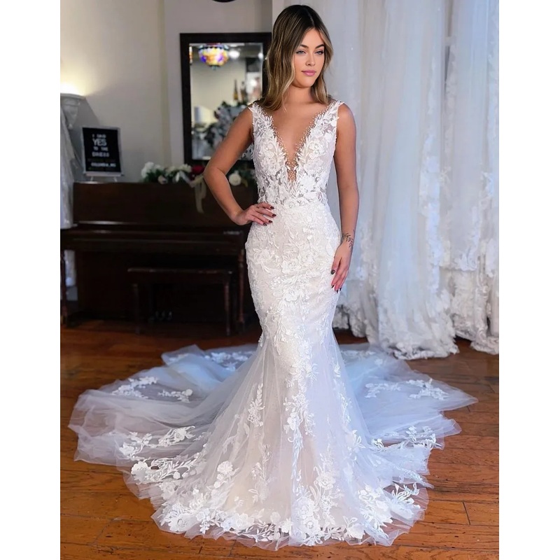 Aimishang Wedding Dress Mermaid Deep V-Neck Chapel Train With Appliques