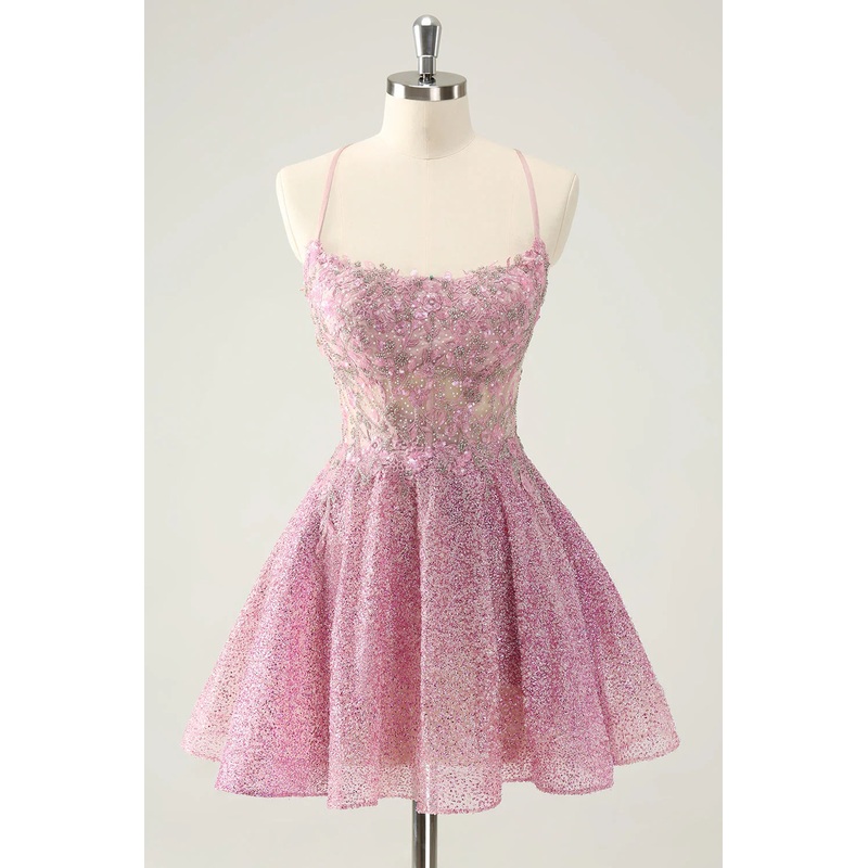 Aimishang A Line Beaded Corset Short Homecoming Dress with Appliques Dark Pink Sparkly