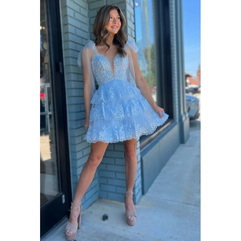 Aimishang A-Line Homecoming Dress Tie Straps Short Tiered With Appliques Light Blue