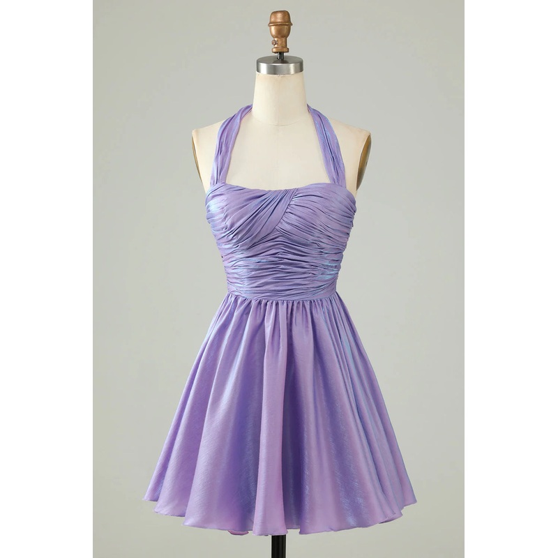Aimishang A Line Short Homecoming Dress Halter Open Back Sleeveless Purple